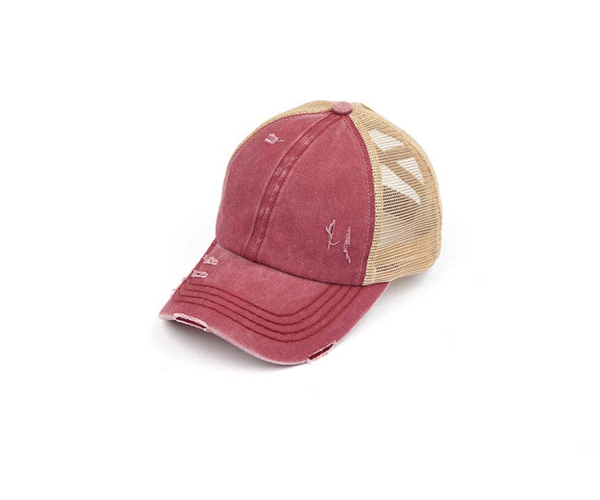 Authentic C.C® Criss-Cross Ponytail Cap - Distressed Mesh Mesh Back Hat