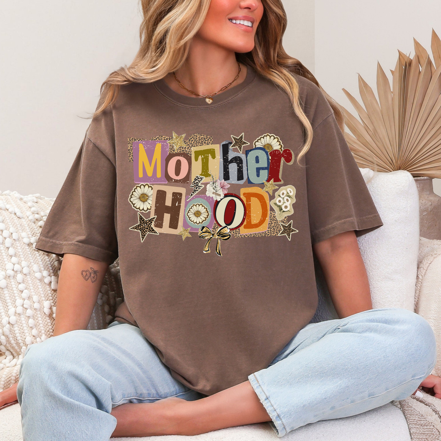 Retro "Motherhood" Eclectic Graphic Tee - Vintage Washed Mom Life Shirt