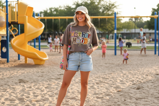 Retro "Motherhood" Eclectic Graphic Tee - Vintage Washed Mom Life Shirt