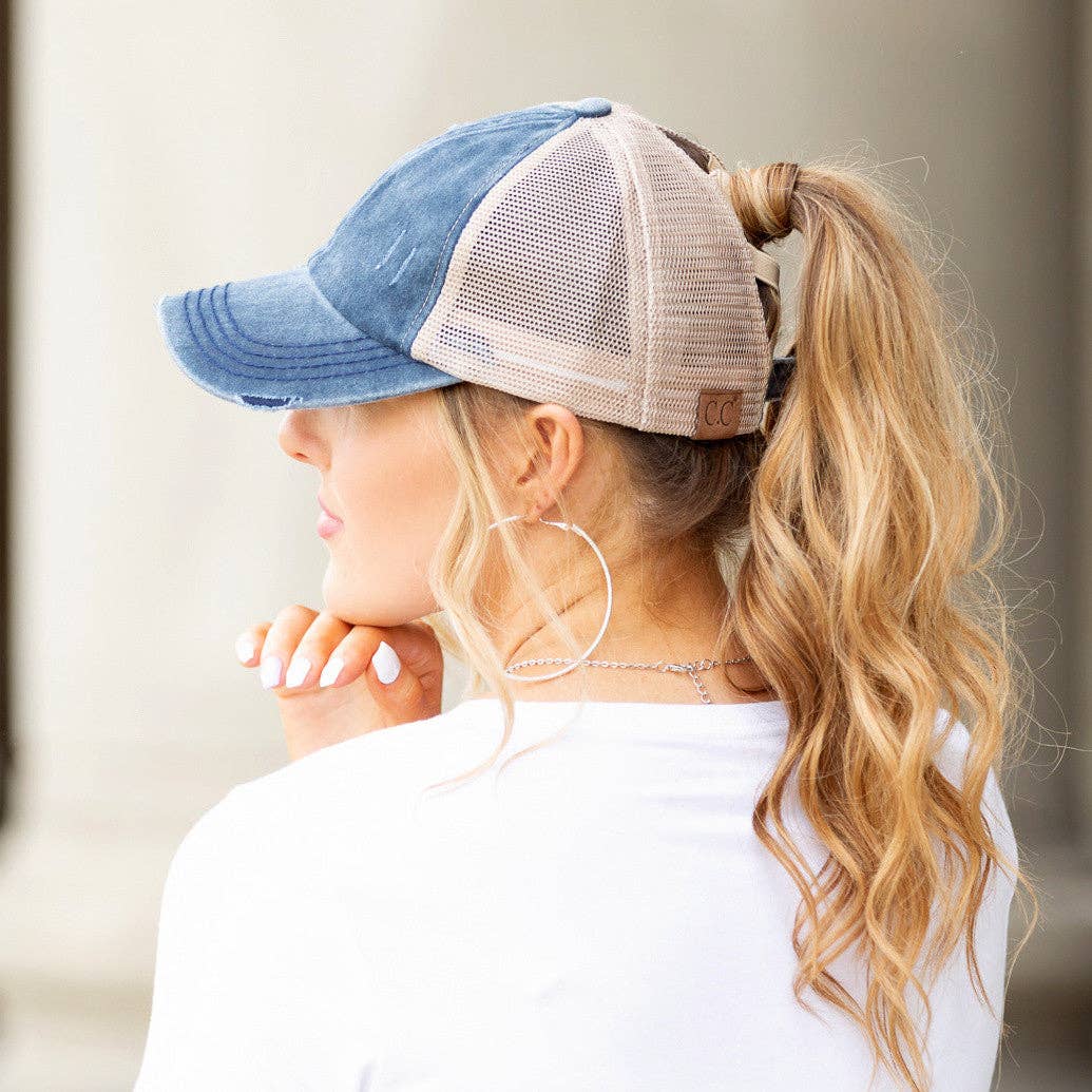 Authentic C.C® Criss-Cross Ponytail Cap - Distressed Mesh Mesh Back Hat