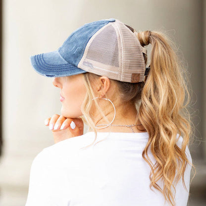 Authentic C.C® Criss-Cross Ponytail Cap - Distressed Mesh Mesh Back Hat
