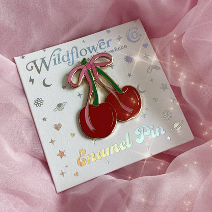 Cherry Bow Hard Enamel Pin – Romantic Coquette Accessory