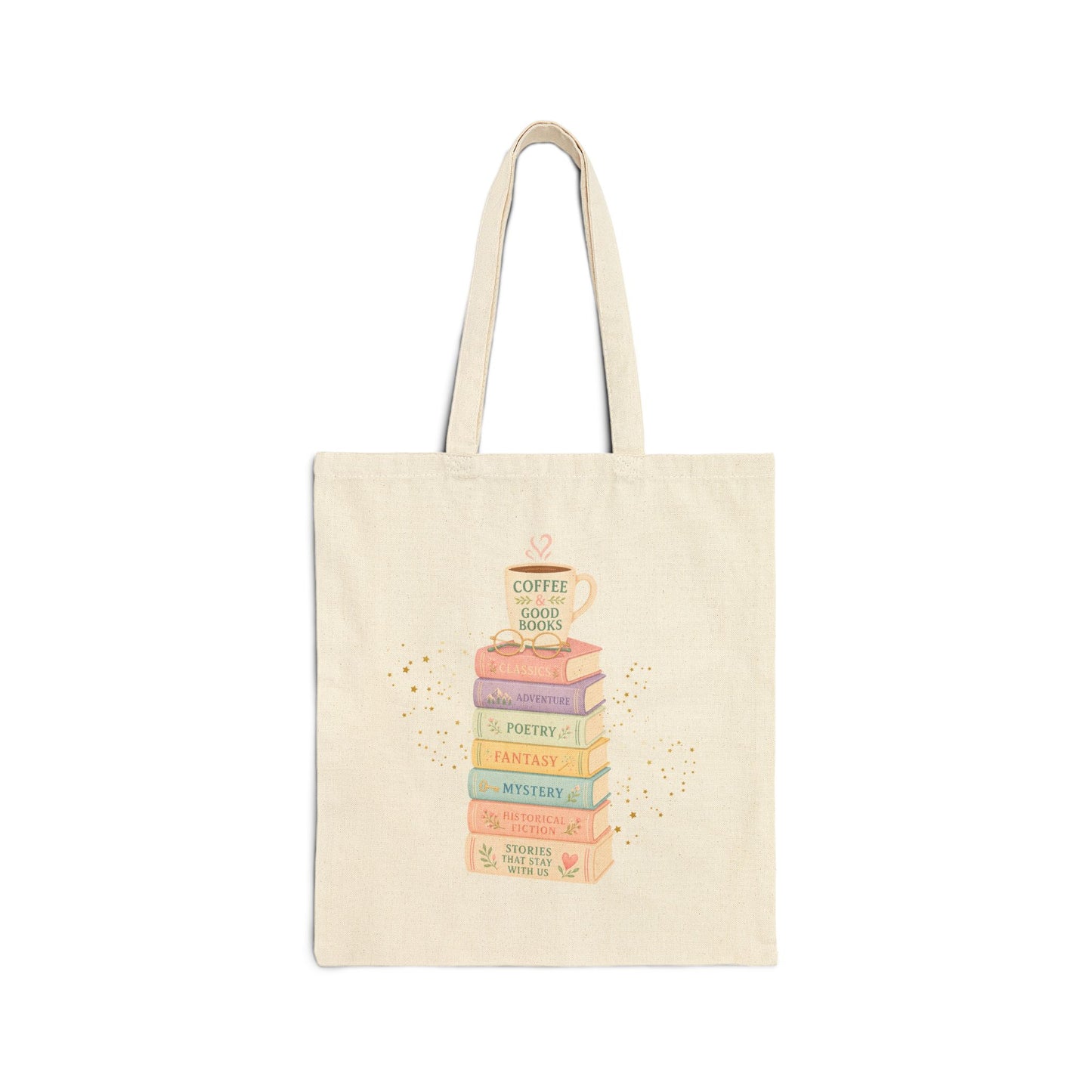 Coffee & Good Books Tote Bag | Pastel Watercolor Book Stack Canvas Bag