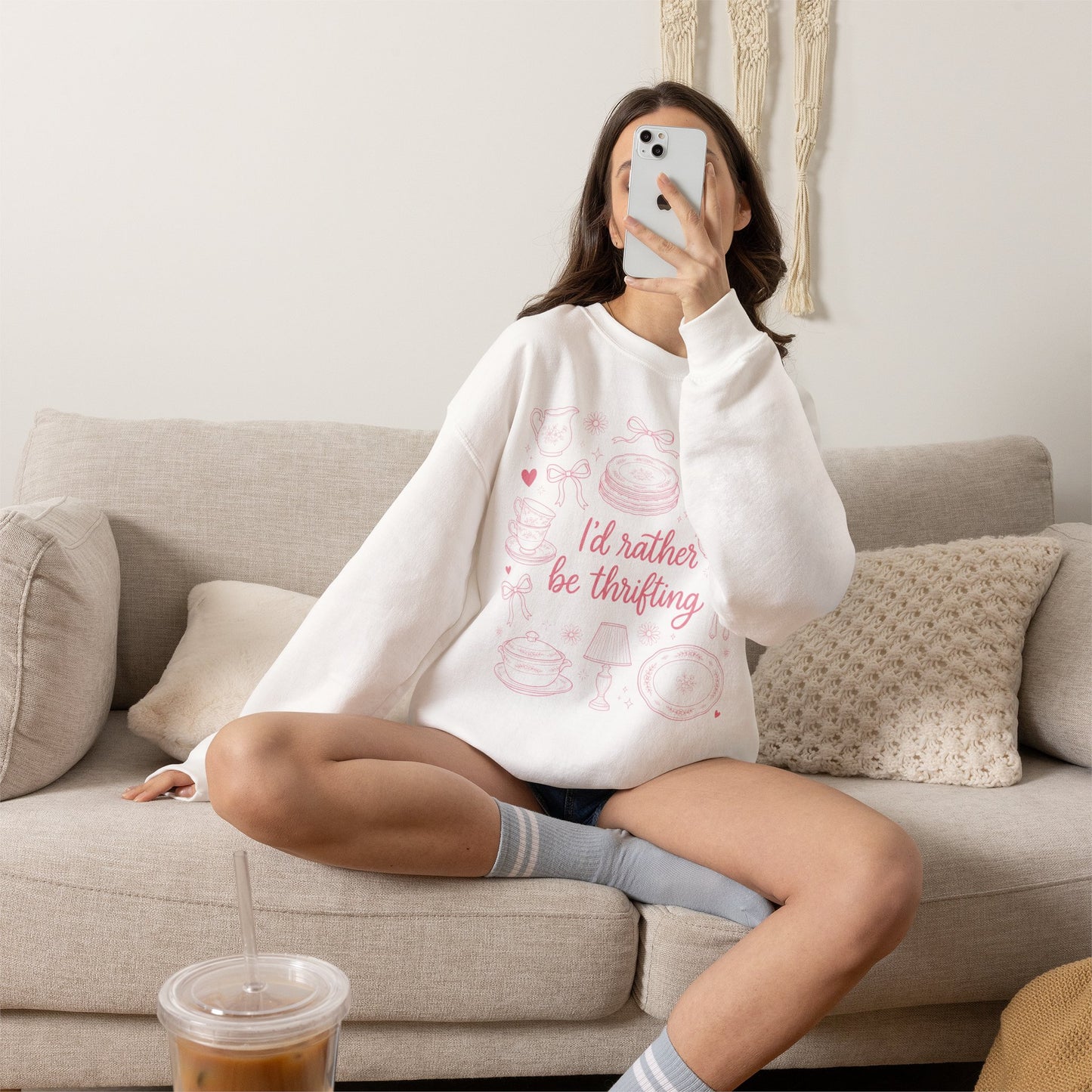Soft Girl Thrifting Graphic Tee - Pink Bow Cottagecore Antique Lover Pullover