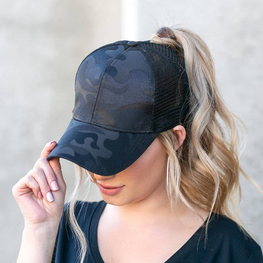 Black Camo High Ponytail Trucker Hat - Structured Messy Bun Cap