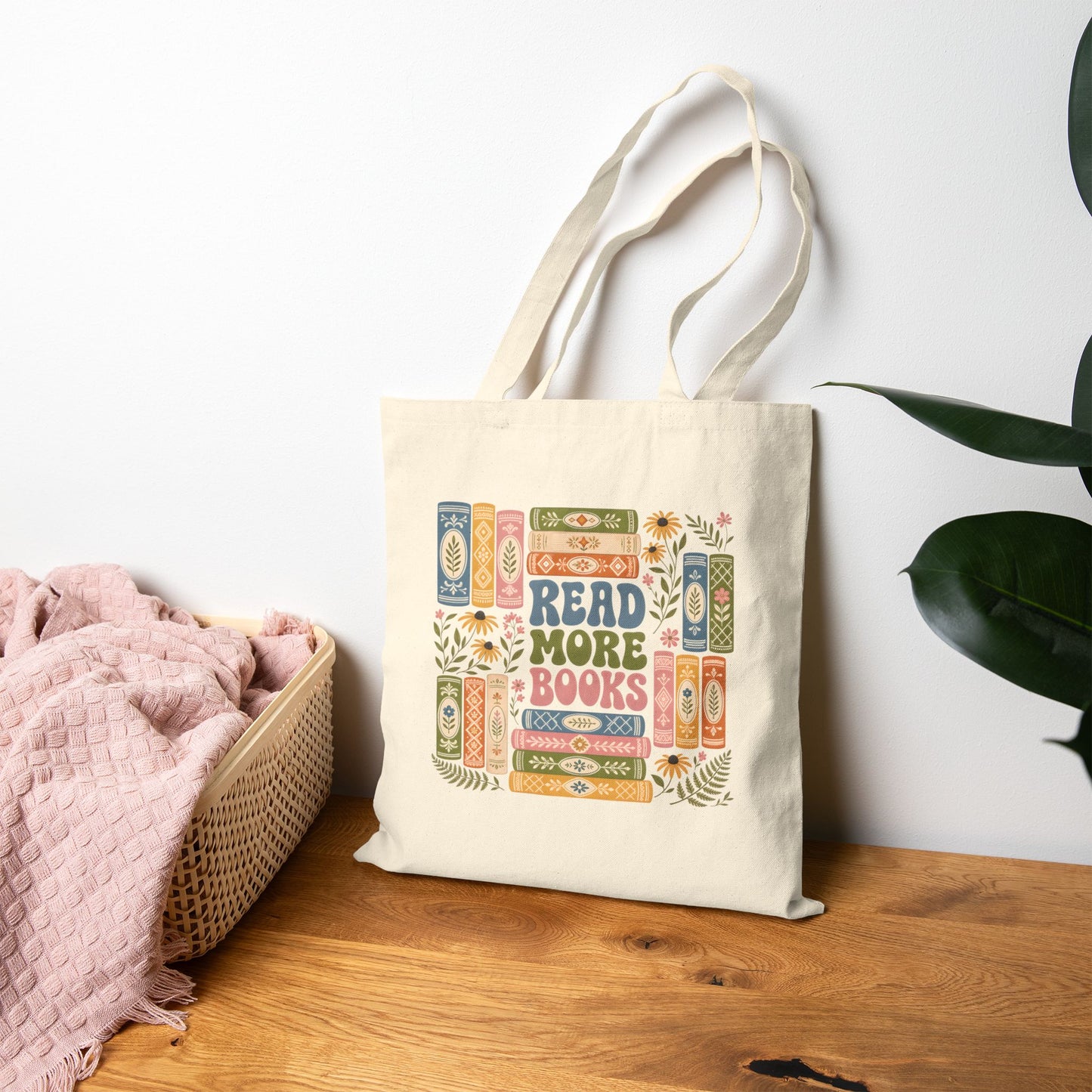 Read More Books Canvas Tote-Floral Booklover Bookstack Double Sided Reusable Bag