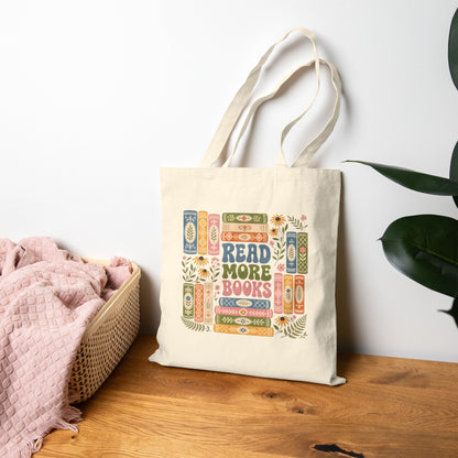 Read More Books Canvas Tote-Floral Booklover Bookstack Double Sided Reusable Bag