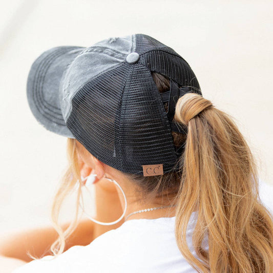 Authentic C.C® Criss-Cross Ponytail Cap - Distressed Mesh Mesh Back Hat