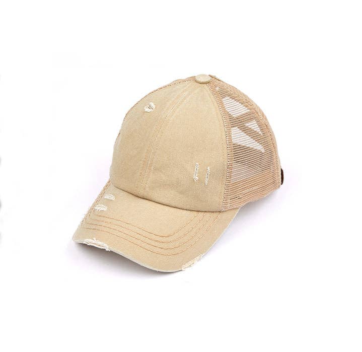 Authentic C.C® Criss-Cross Ponytail Cap - Distressed Mesh Mesh Back Hat