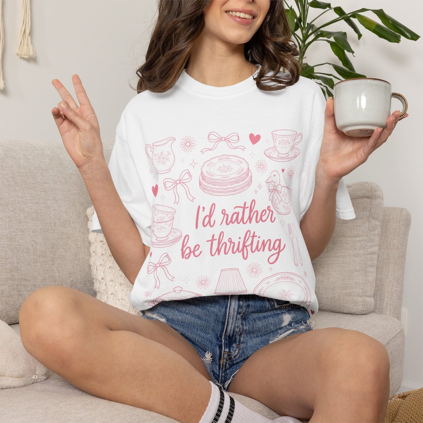Comfort Colors Thrifting Shirt - Pink Bow Cottagecore Antique Lover Tee