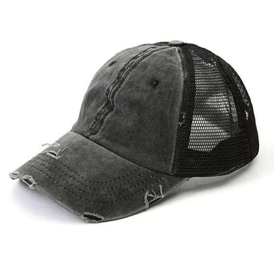 Distressed High Ponytail Mesh Trucker Hat - Unstructured Messy Bun Cap