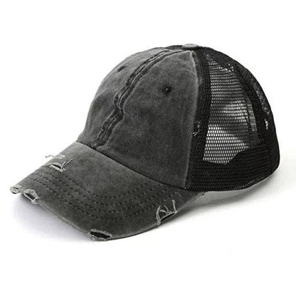 Distressed High Ponytail Mesh Trucker Hat - Unstructured Messy Bun Cap