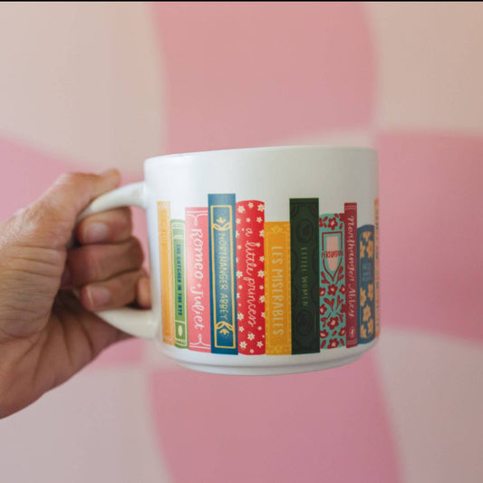 Classic Novels Bookshelf Coffee Mug Vintage Literary Classics Book Stack Cup