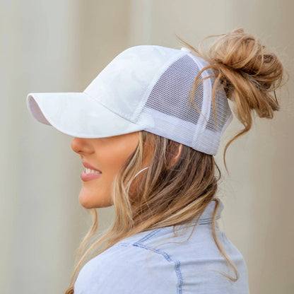 Black Camo High Ponytail Trucker Hat - Structured Messy Bun Cap