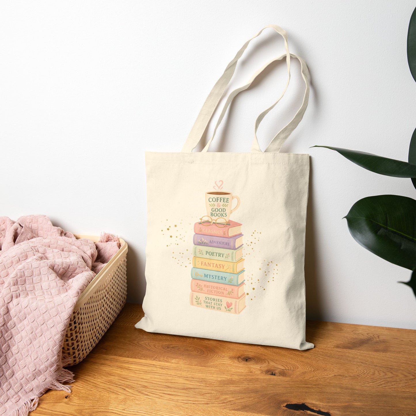 Coffee & Good Books Tote Bag | Pastel Watercolor Book Stack Canvas Bag