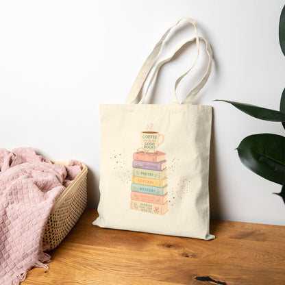 Coffee & Good Books Tote Bag | Pastel Watercolor Book Stack Canvas Bag