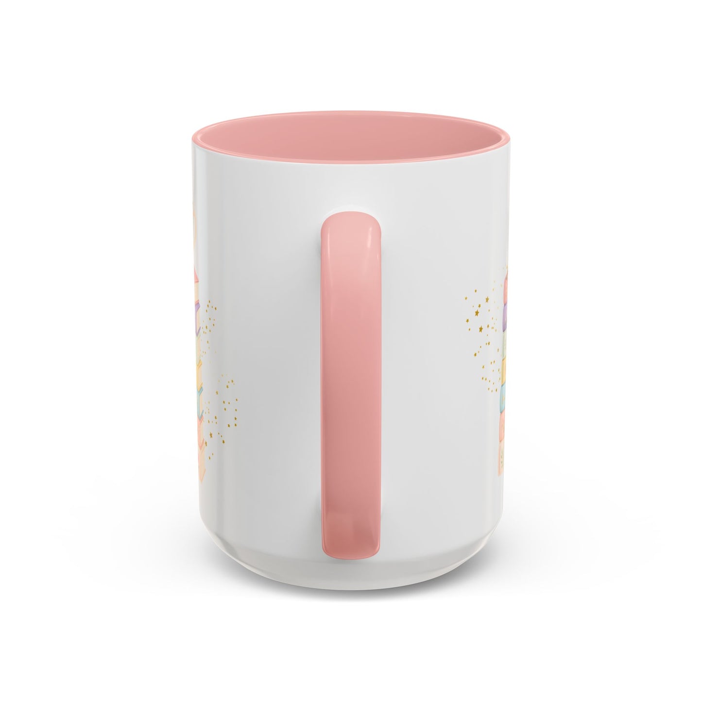 Whimsical Library Book Stack Mug | Two-Tone Pink Pastel Reader Gift