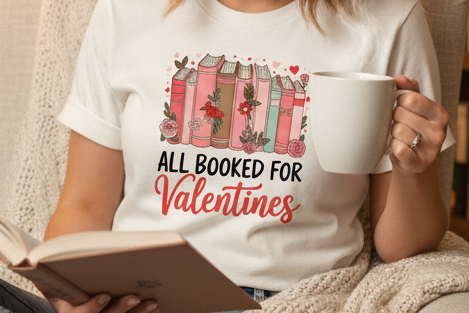White t-shirt with Valentine's Day design featuring books and flowers, next to denim jeans and a watch.