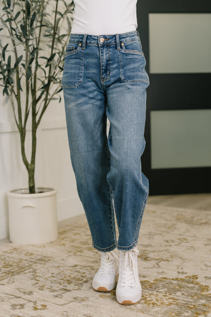 Bella High Waist Barrel Jeans – Soft Stretch Judy Blue with Stitch-Thru Pockets
