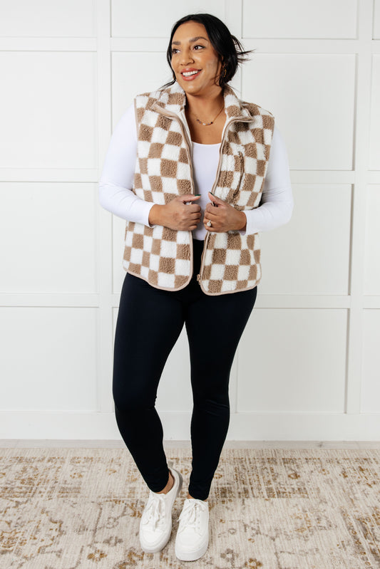 Check it Out Checkered Fleece Vest – Cozy Zip-Up High Collar Vest with Pockets | Women’s Boutique Outerwear