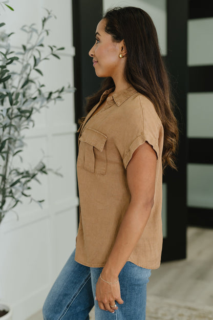 Cloud Nine to Five Button Down Blouse – Deep Camel Linen Blend Top