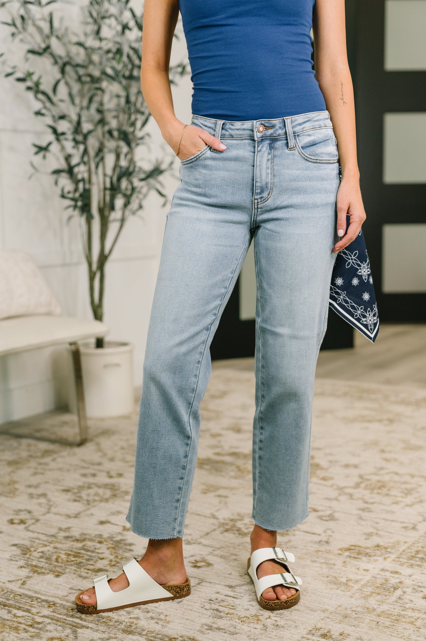 Judy Blue Women's Mid Rise Ankle Straight Jeans with Bandana Loop – Cropped Stretch Denim