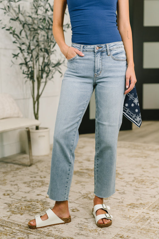 Judy Blue Women's Mid Rise Ankle Straight Jeans with Bandana Loop – Cropped Stretch Denim