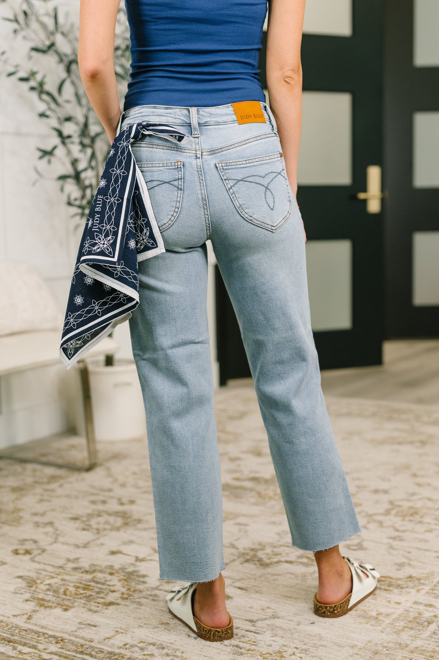 Judy Blue Women's Mid Rise Ankle Straight Jeans with Bandana Loop – Cropped Stretch Denim