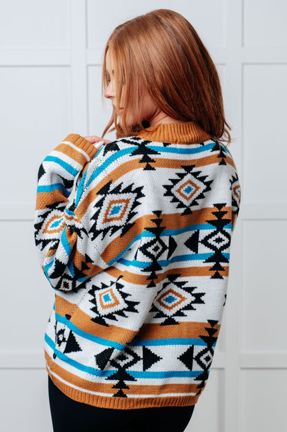 Desert Vibes Geometric Striped Sweater – Midweight Knit with Drop Shoulder & Banded Ribbing