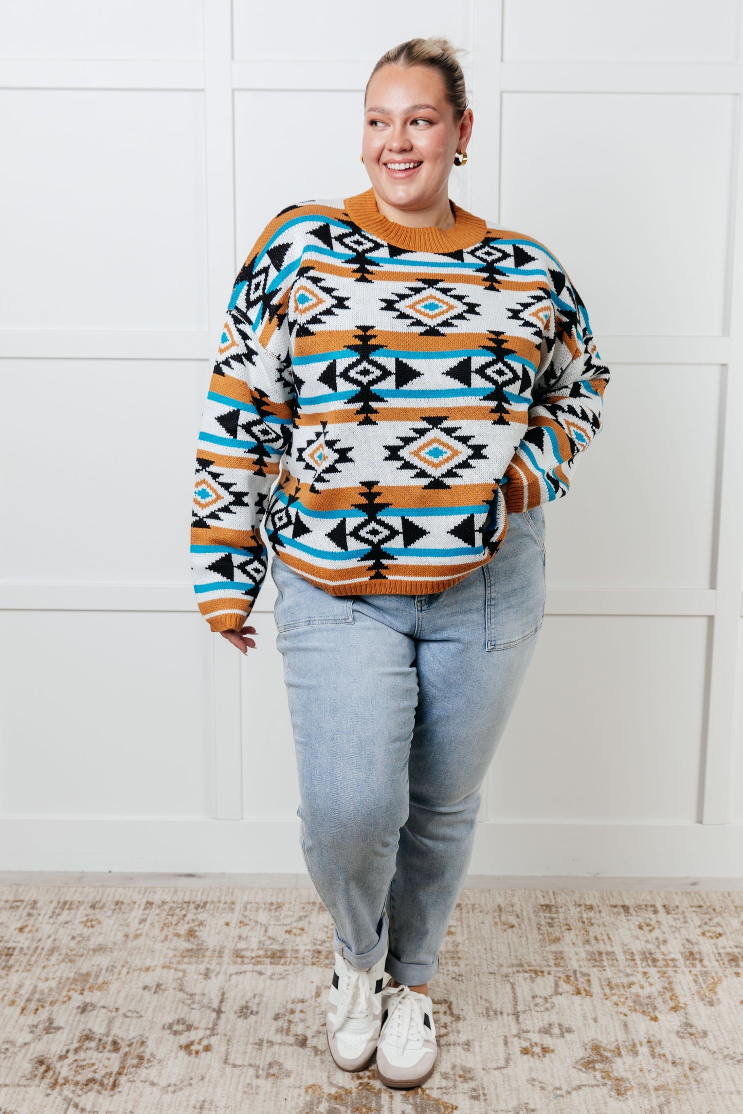 Desert Vibes Geometric Striped Sweater – Midweight Knit with Drop Shoulder & Banded Ribbing