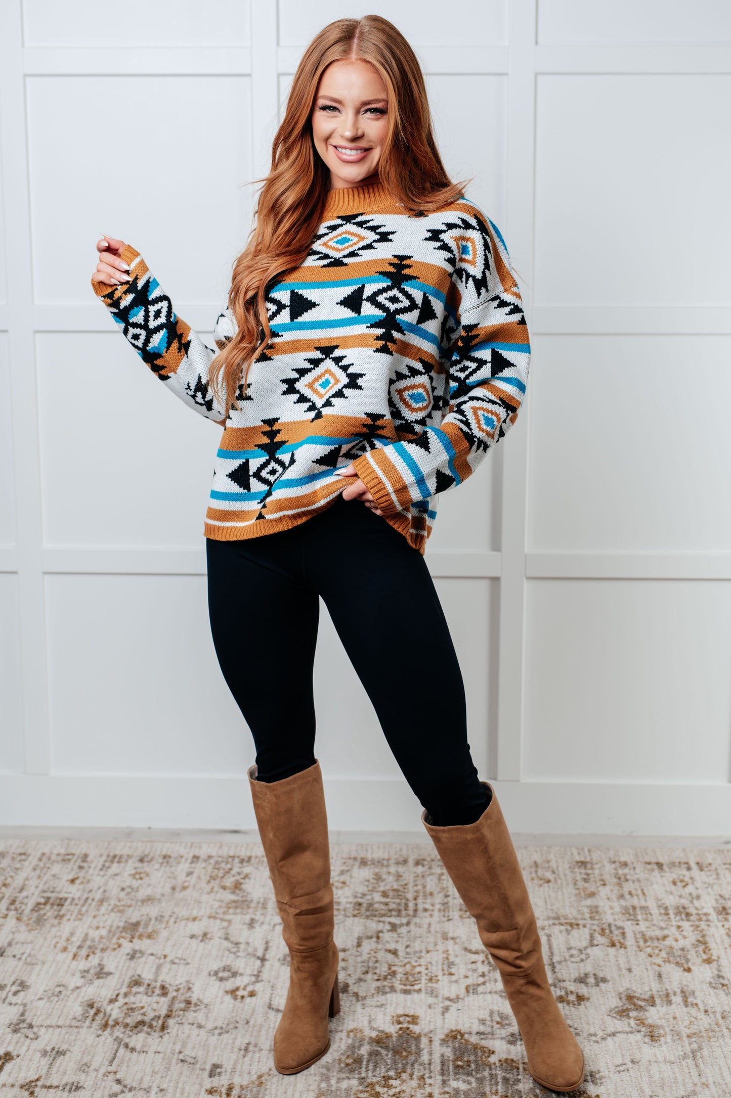 Desert Vibes Geometric Striped Sweater – Midweight Knit with Drop Shoulder & Banded Ribbing