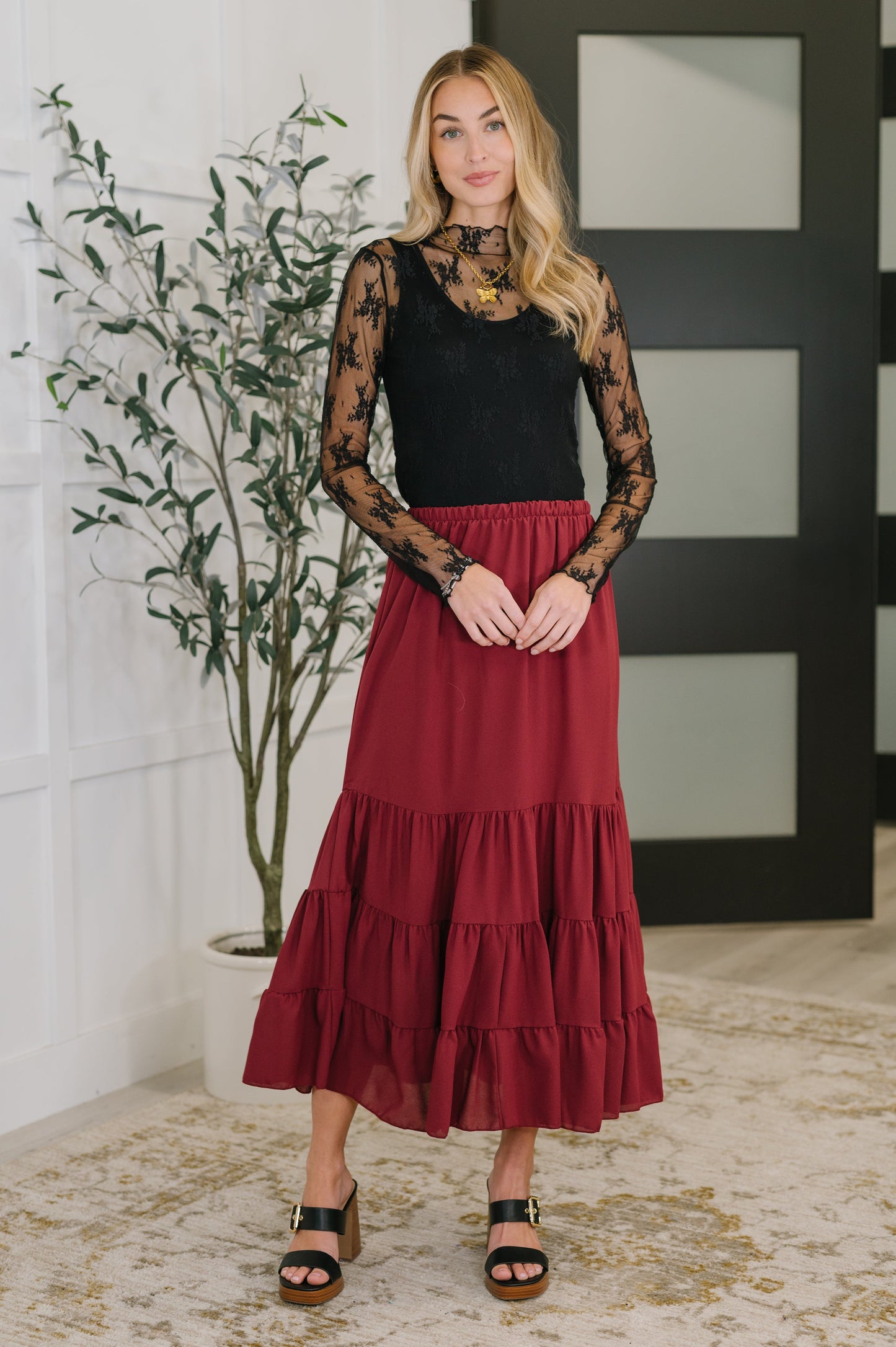 Easy Pick Tiered Maxi Skirt – Crepe Woven Flowing Tiered Skirt with Elastic Waist