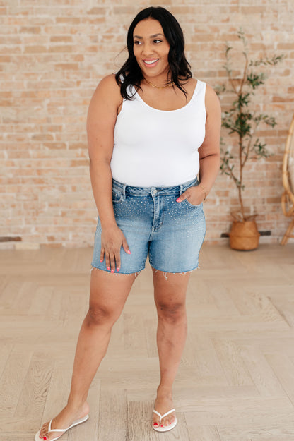Elle High Rise Rhinestone Cutoff Denim Shorts