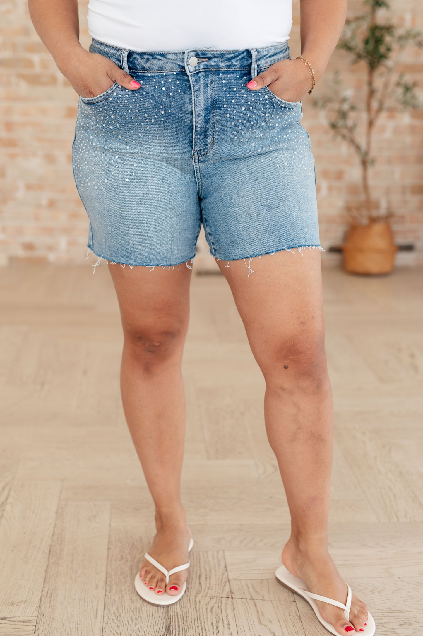 Elle High Rise Rhinestone Cutoff Denim Shorts