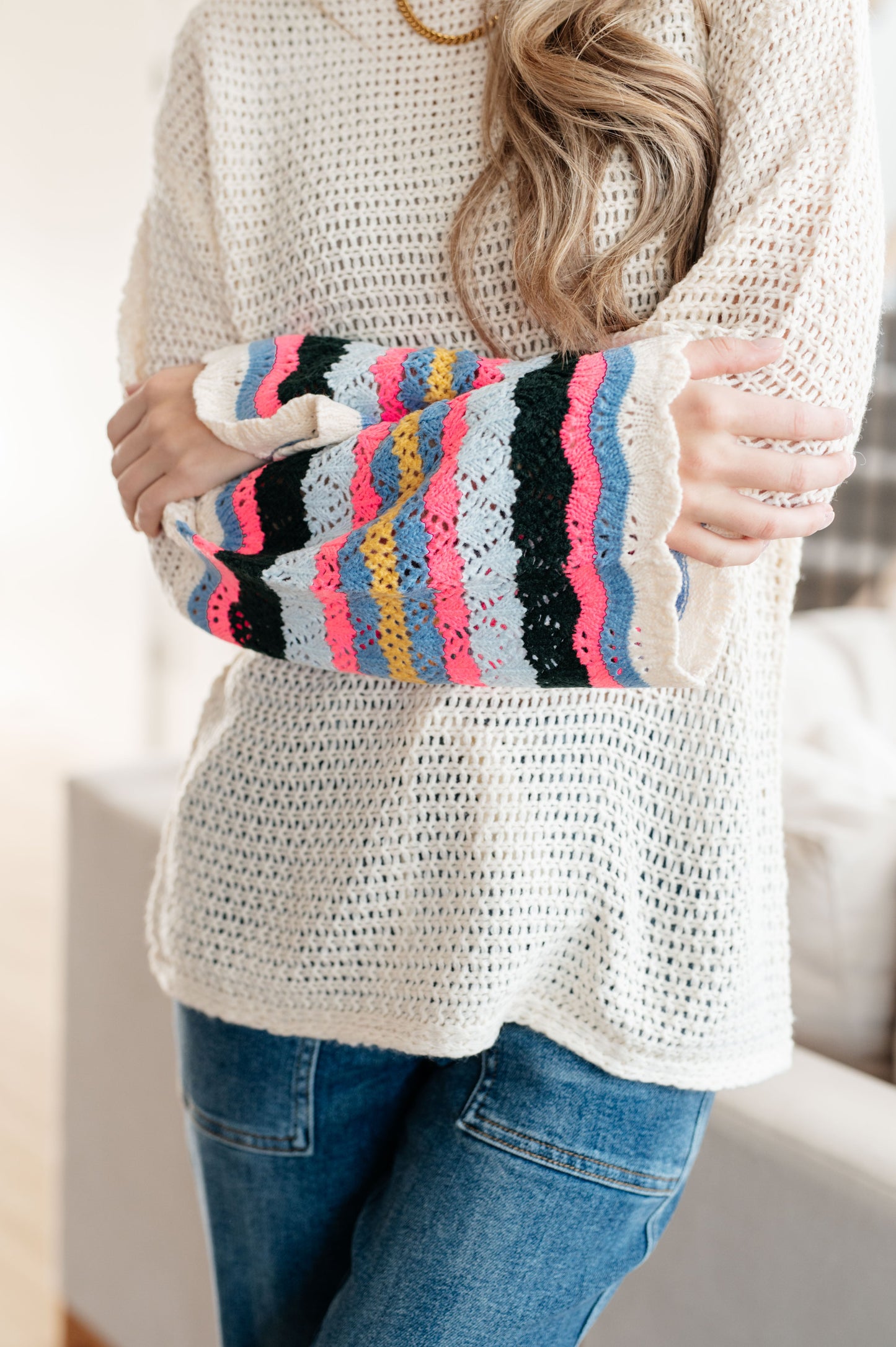 End of the Story Striped Sleeve Sweater – Loose Fit Lightweight Knit Pullove