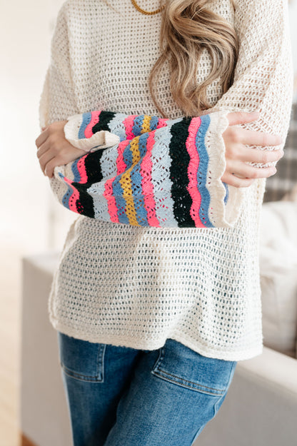 End of the Story Striped Sleeve Sweater – Loose Fit Lightweight Knit Pullove