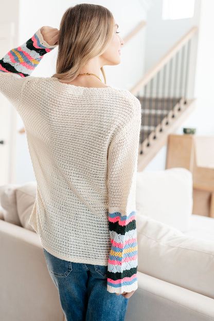 End of the Story Striped Sleeve Sweater – Loose Fit Lightweight Knit Pullove