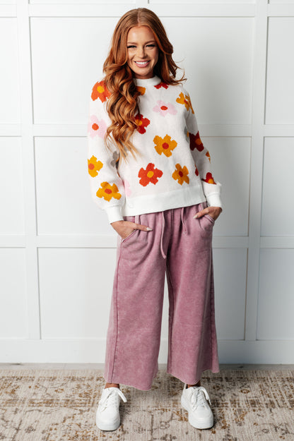 Falling Flowers Floral Sweater – Medium-Weight Knit with Ribbed Trim