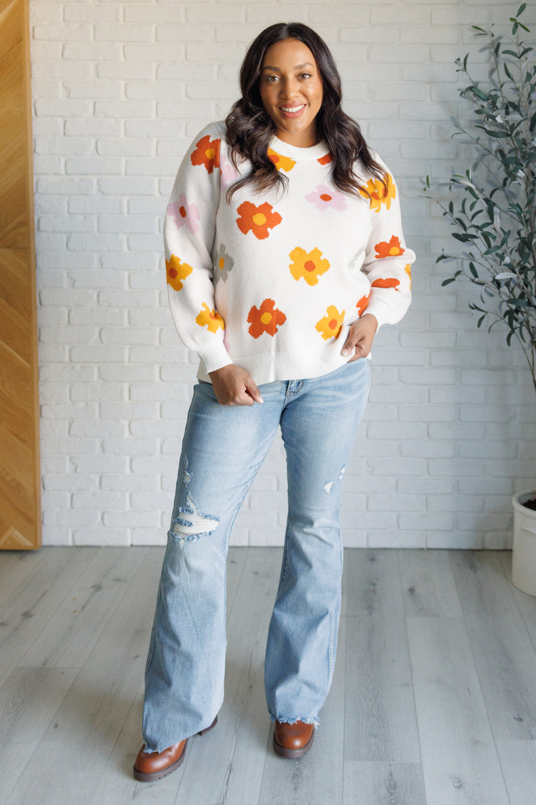 Falling Flowers Floral Sweater – Medium-Weight Knit with Ribbed Trim