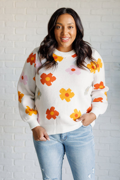 Falling Flowers Floral Sweater – Medium-Weight Knit with Ribbed Trim