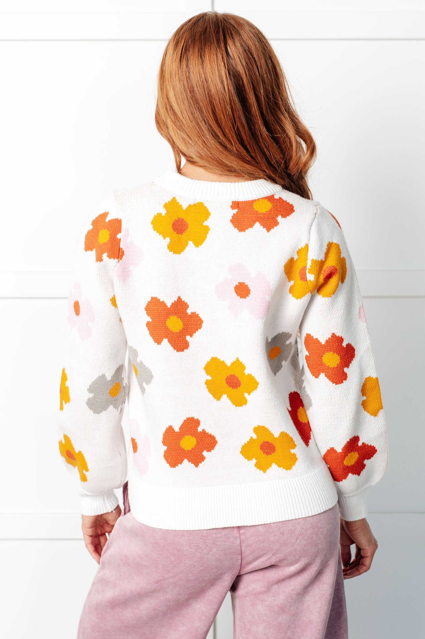 Falling Flowers Floral Sweater – Medium-Weight Knit with Ribbed Trim
