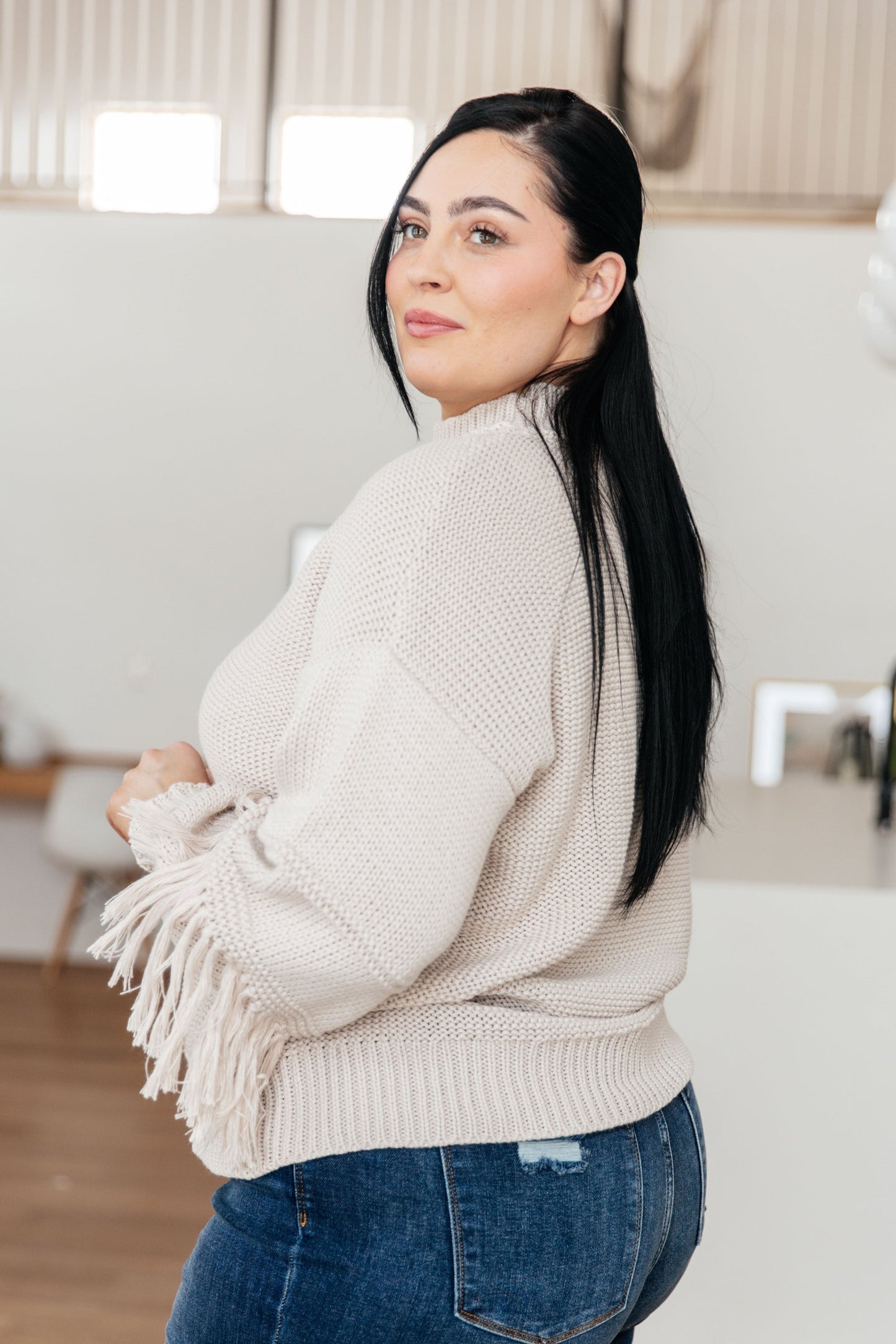 Handle It All Fringe Detail Sweater | Cozy Heavy Knit Balloon Sleeve Sweater