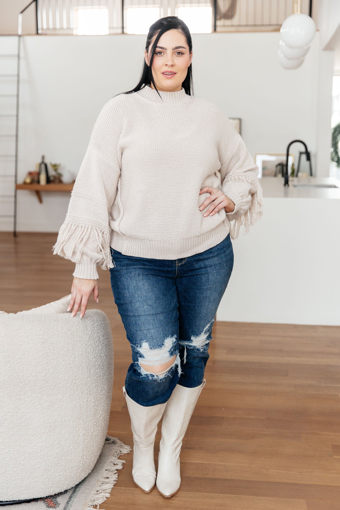 Handle It All Fringe Detail Sweater | Cozy Heavy Knit Balloon Sleeve Sweater