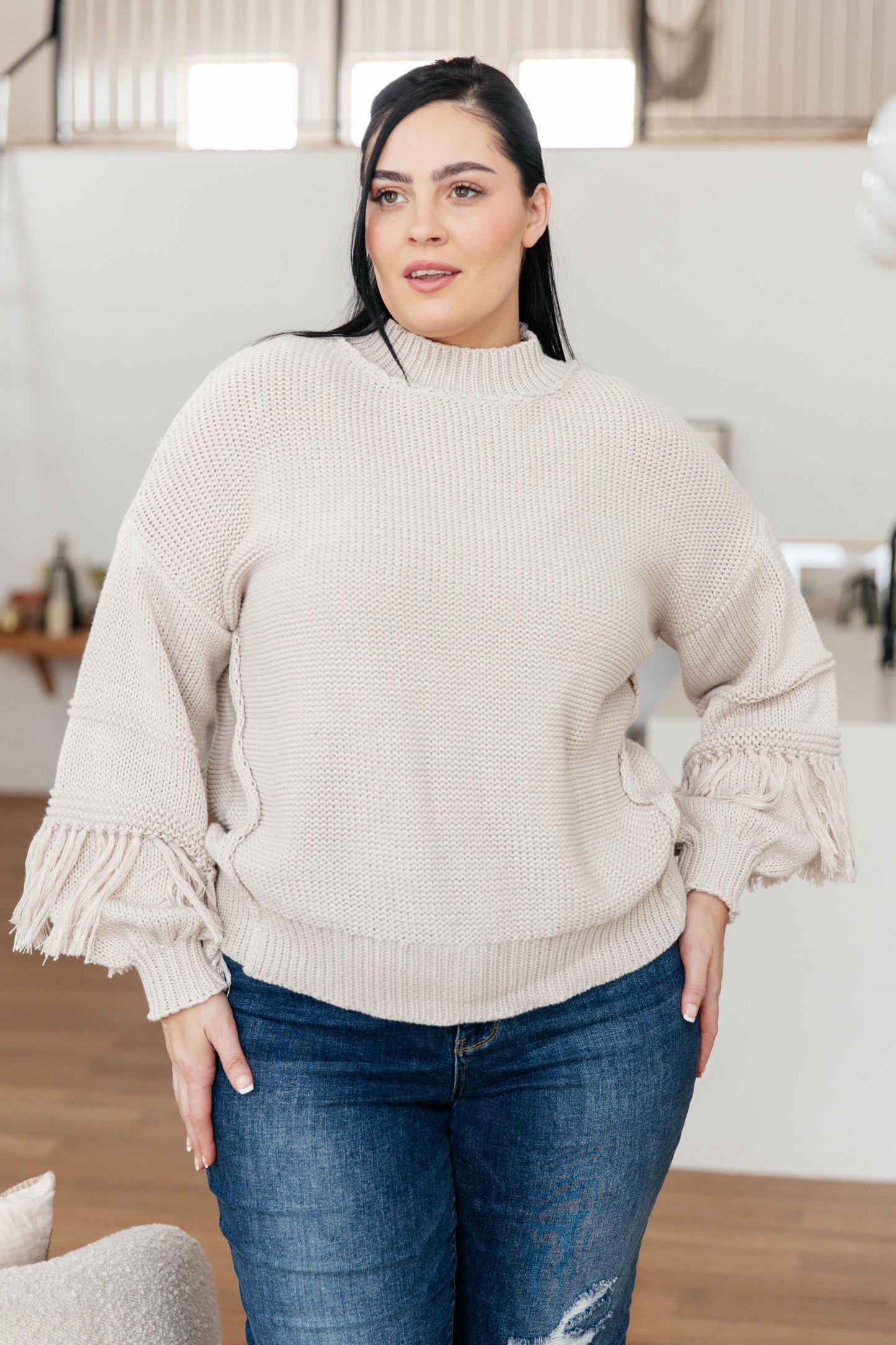 Handle It All Fringe Detail Sweater | Cozy Heavy Knit Balloon Sleeve Sweater