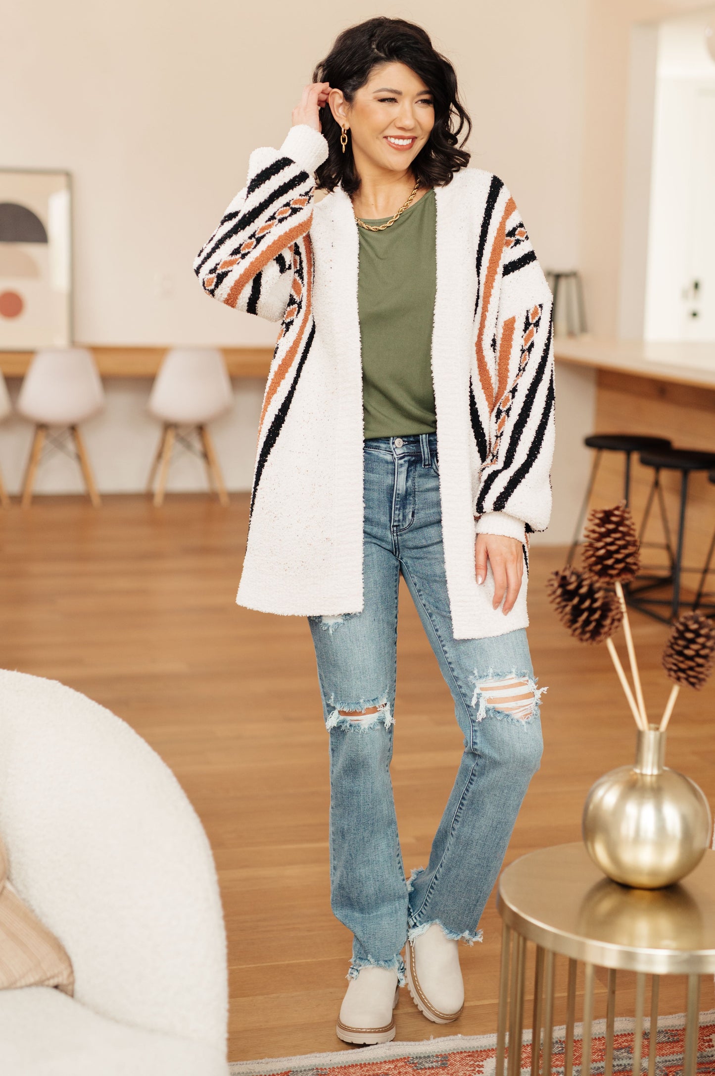 Holding On Aztec Print Cardigan | Soft Mid-Weight Open Front Sweater