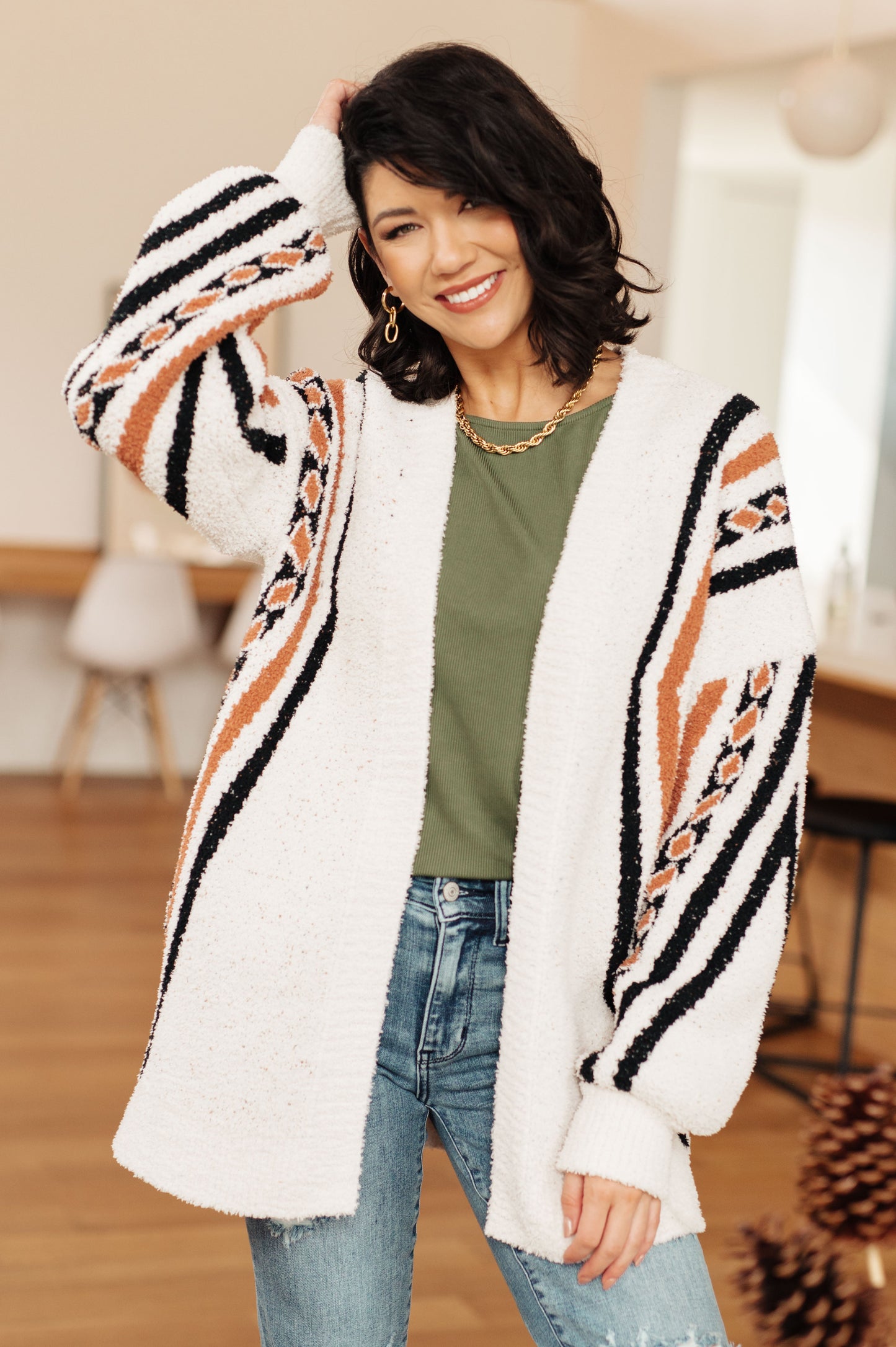Holding On Aztec Print Cardigan | Soft Mid-Weight Open Front Sweater