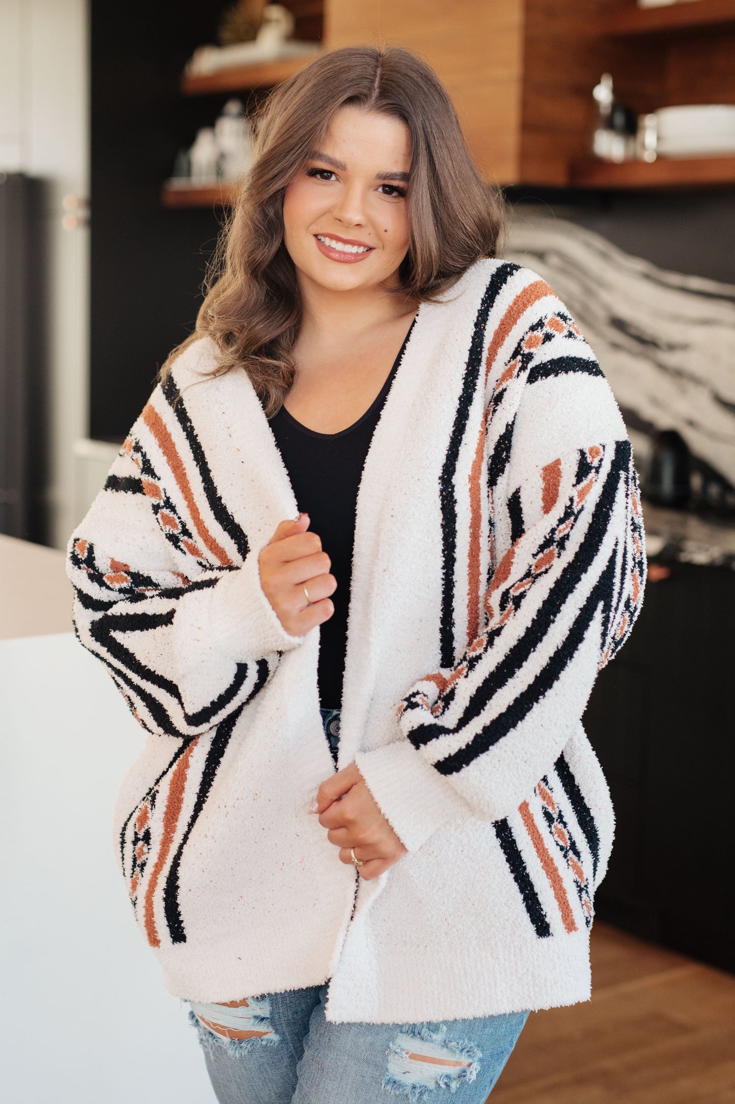 Holding On Aztec Print Cardigan | Soft Mid-Weight Open Front Sweater
