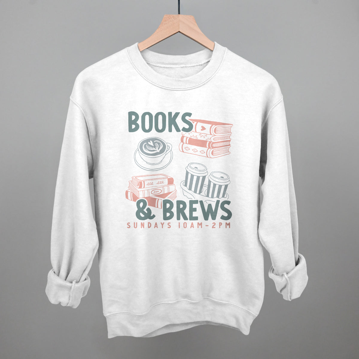 Books & Brews Crewneck Sweatshirt Comfort Colors White Coffee & Reading Tee