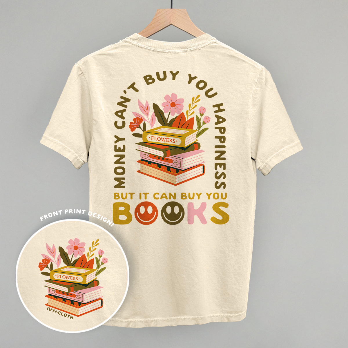 Retro Book Stack T-Shirt - Cozy Pastel Bookish Graphic Tee (Back Print)