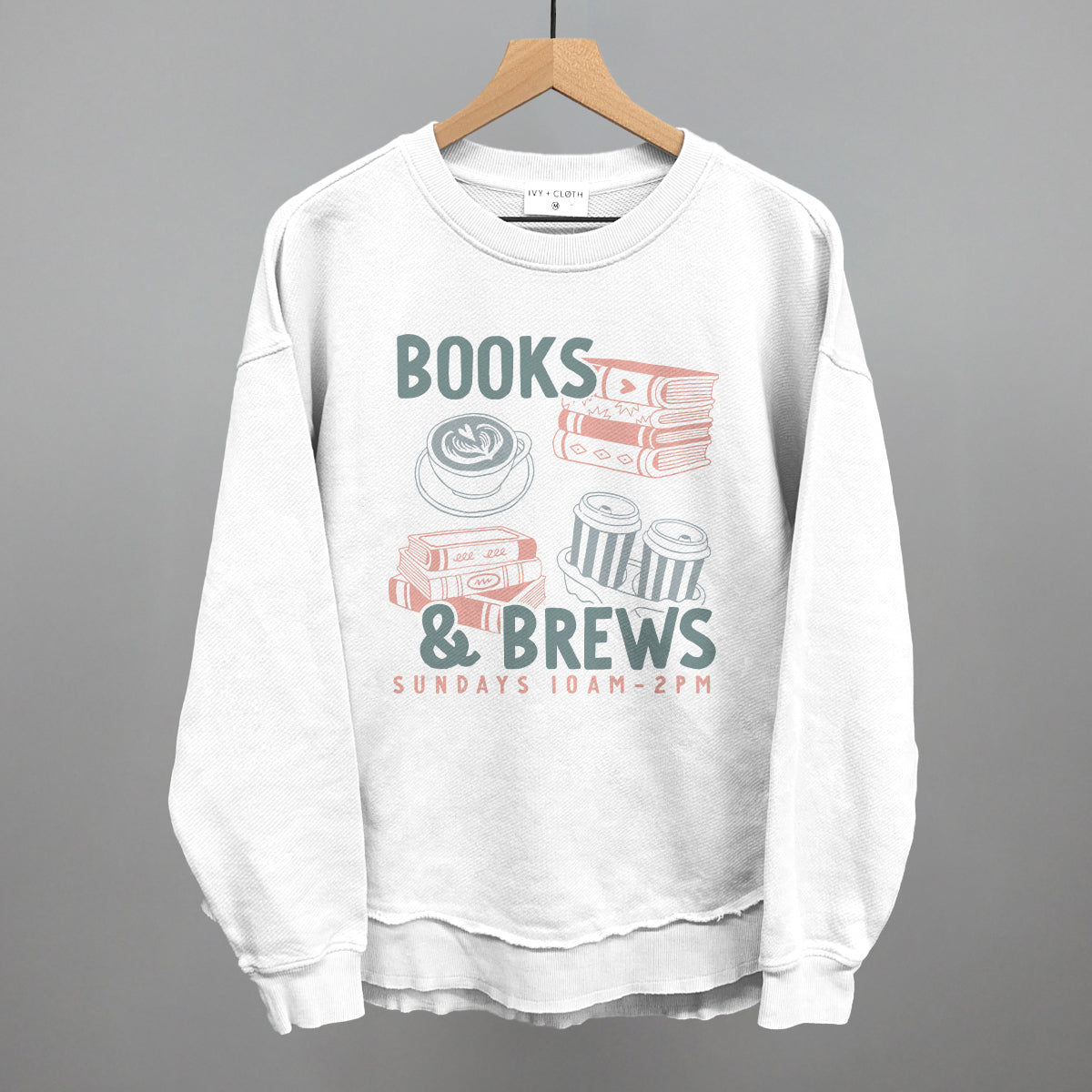 Books & Brews Crewneck Sweatshirt Comfort Colors White Coffee & Reading Tee